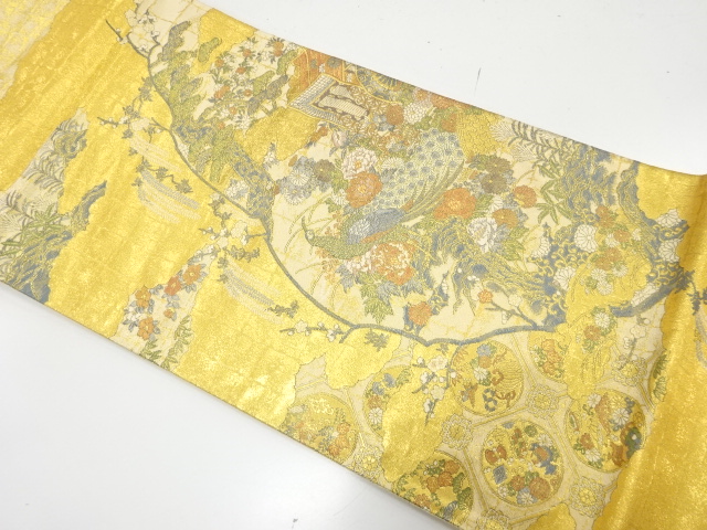 JAPANESE KIMONO / FUKURO OBI / SILK / WOVEN PEACOCK & PEONY & WISTERIA & CARRIAGE